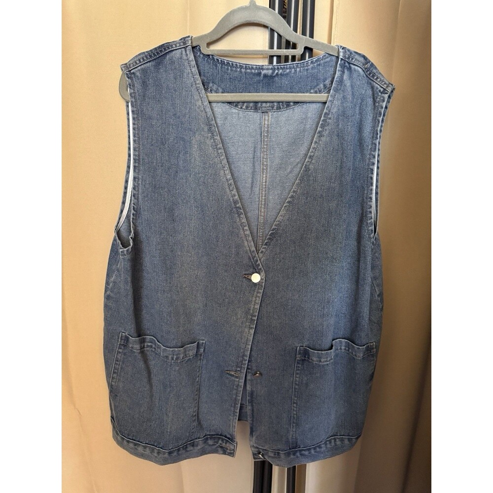 Shebote Women Denim Vest Oversized XXXL Button Jean Waistcoat Sleeveless Jacket